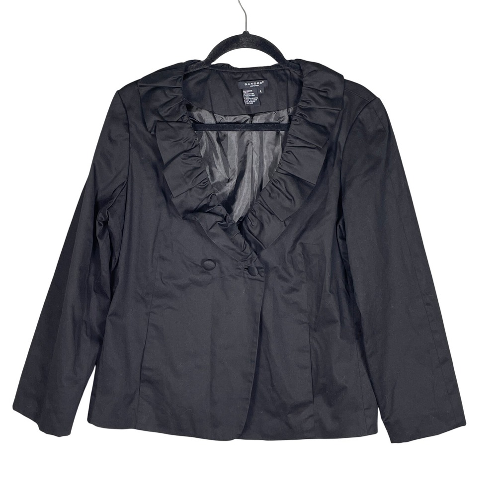 Sandro Blazer Womens L Black Good Ruffle Shawl Collar Double Breasted Cotton